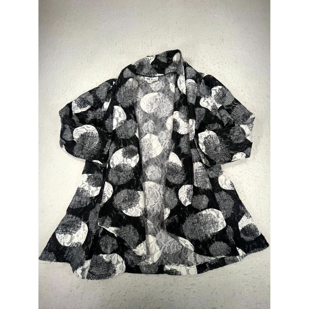 VTG All Hours Cardigan Sweater Womens M Black White Lace Circle Waterfall Lapel